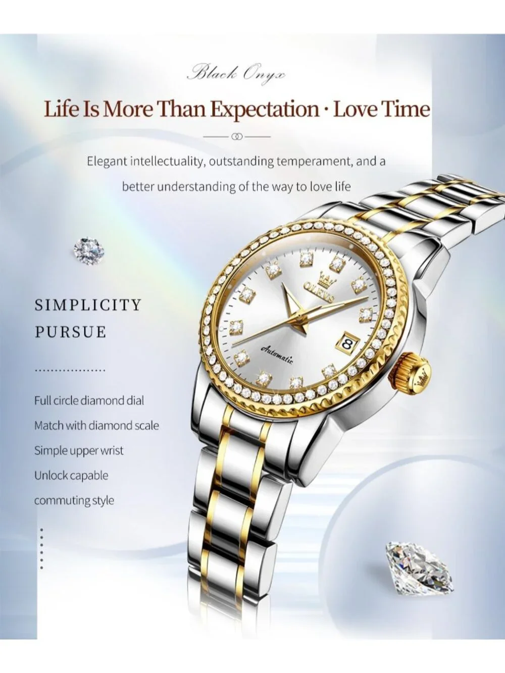 Women's White Automatic Diamond Luxury Mechanical Stainless Steel Wrist Watches